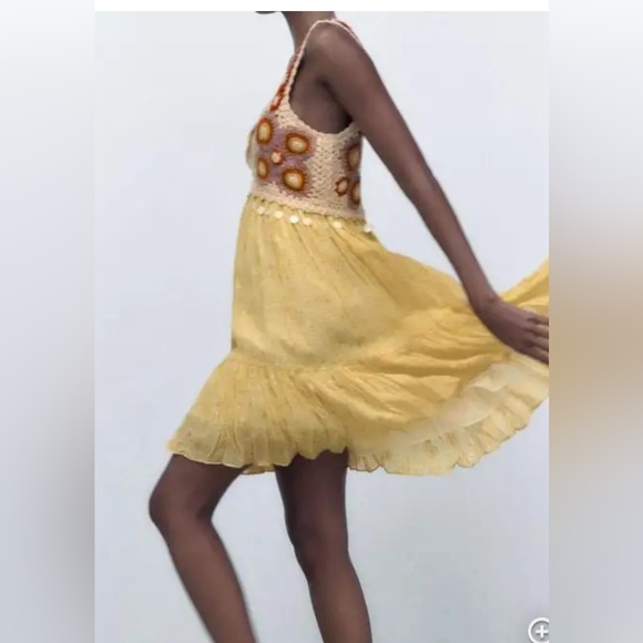 ZARA bohemian crochet light yellow dress size small - Picture 3 of 15